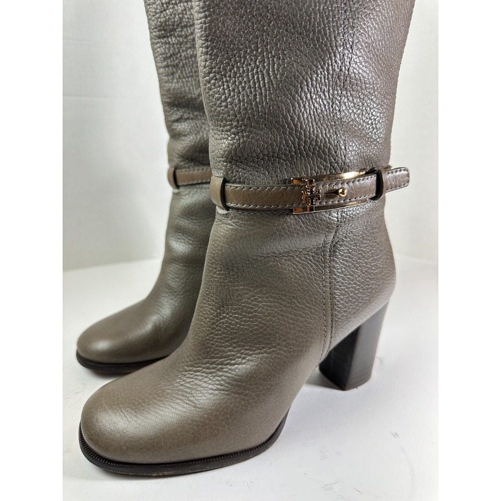 Tory Burch Pebbled Leather Zip Tall Block Heel Buckle Boots Gray 6M Quiet Luxury - Picture 4 of 16